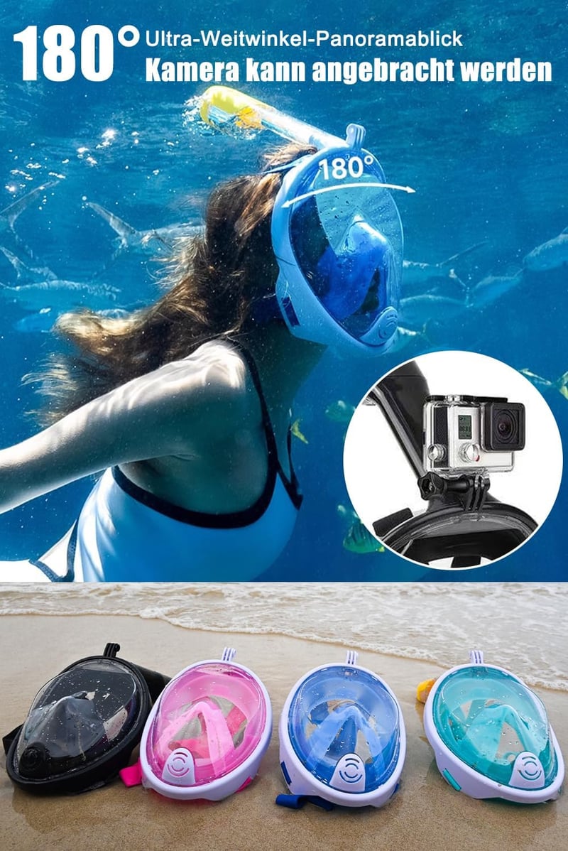 HINATAA 180° teljes arcú snorkel maszk, anti-fog, szivárgásmentes, állítható fejpánttal