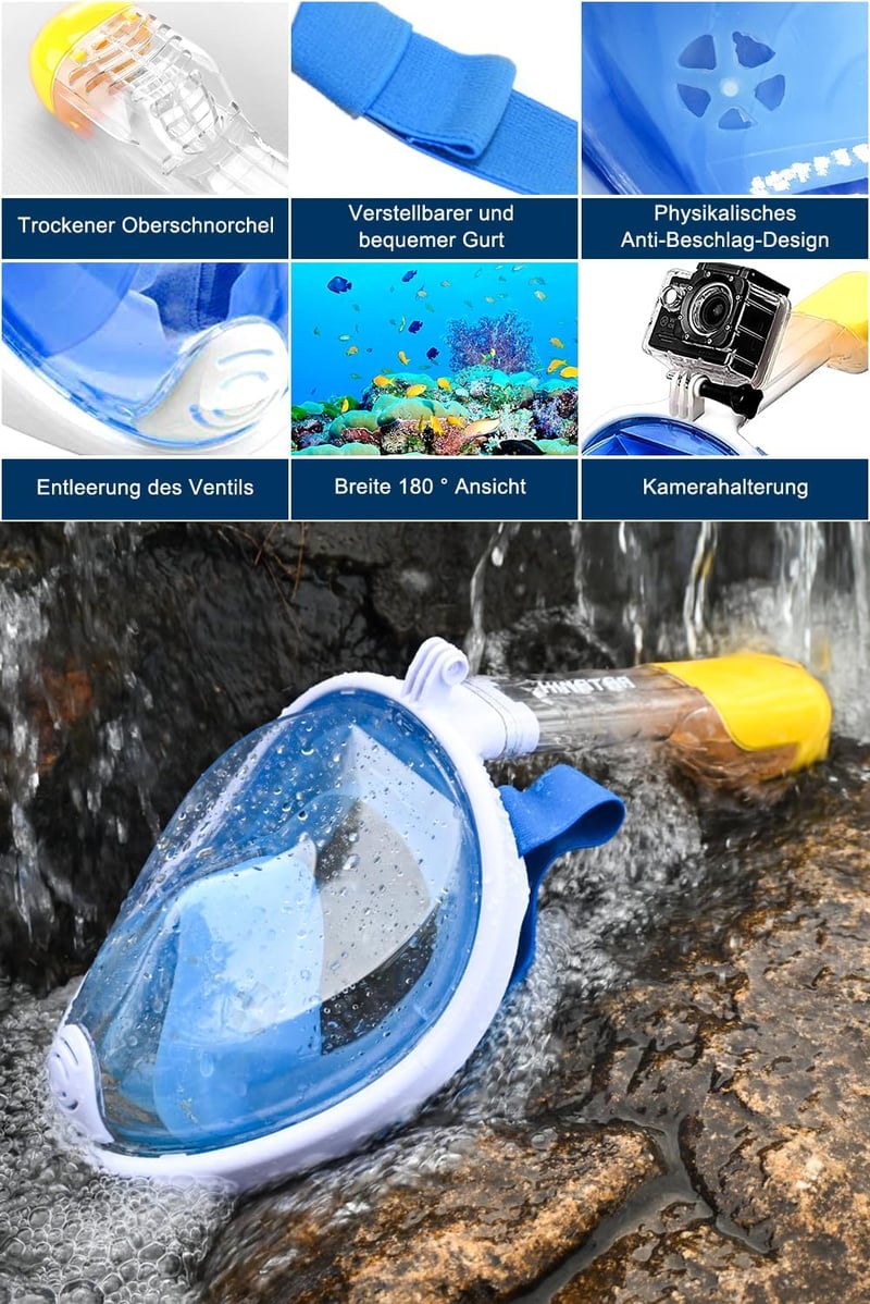 HINATAA 180° teljes arcú snorkel maszk, anti-fog, szivárgásmentes, állítható fejpánttal