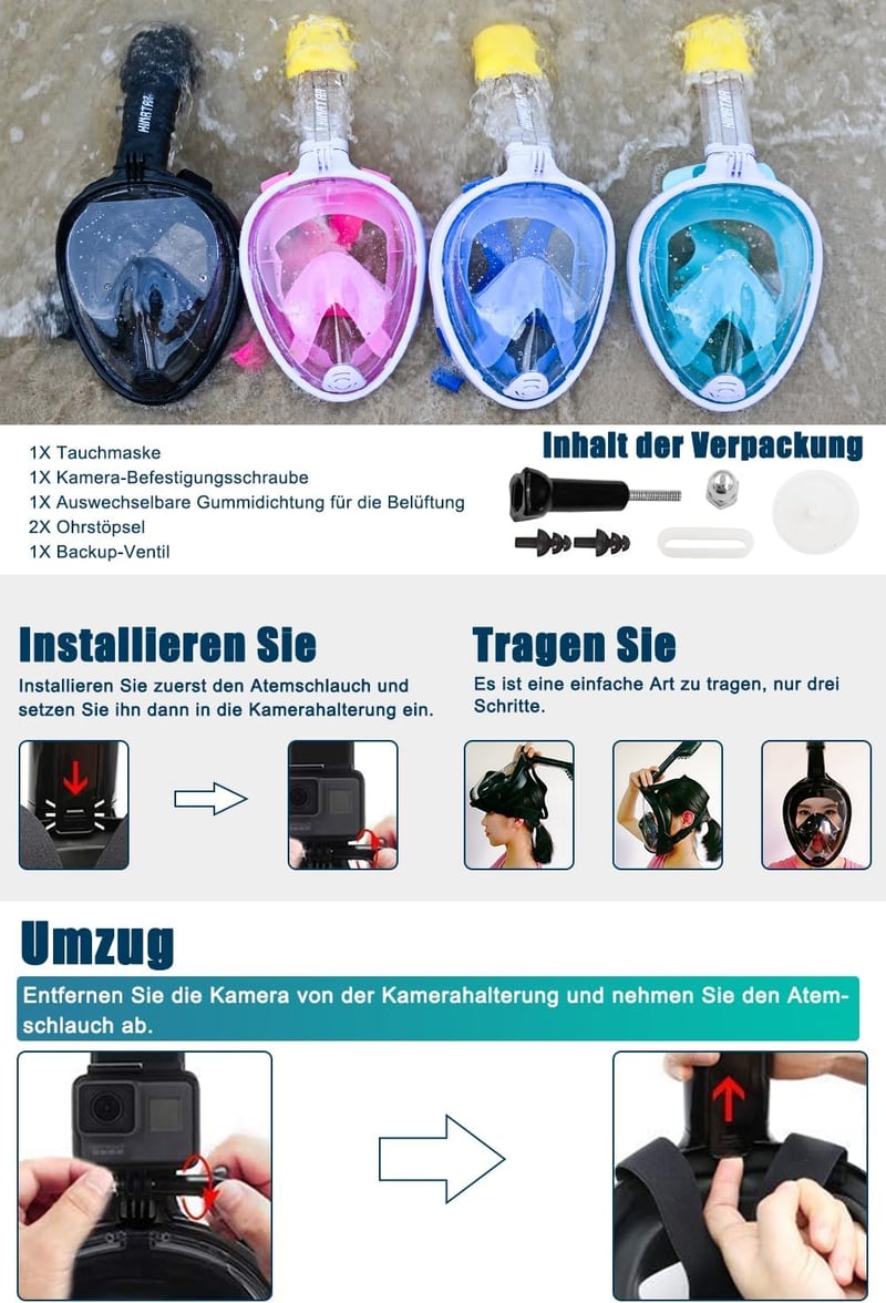 HINATAA 180° teljes arcú snorkel maszk, anti-fog, szivárgásmentes, állítható fejpánttal