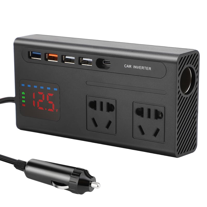 HISUEKIG 200W auto pretvarač s digitalnim zaslonom, Type-C priključkom, višestrukom zaštitom, kompaktan i prenosiv, crni