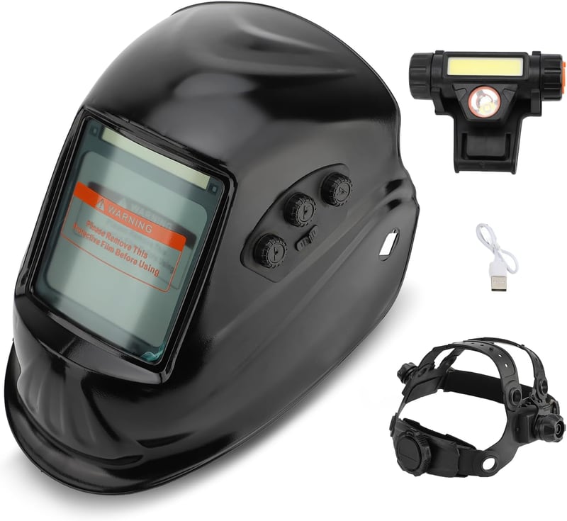 Cască de sudură cu auto-întunecare HISUEKIG, cu lanternă frontală și ecran LCD - negru