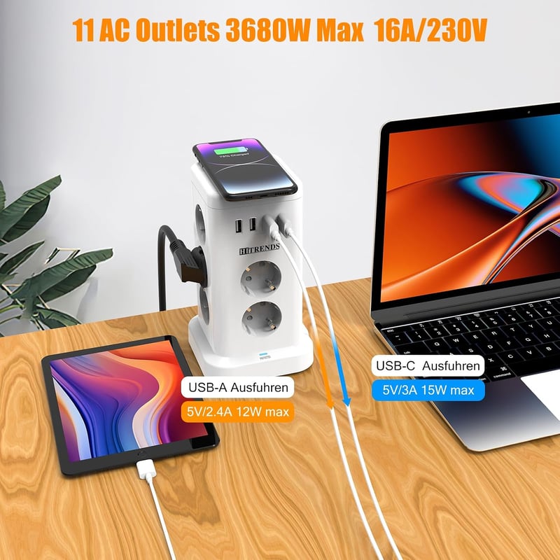 HITRENDS 11 Schuko aljzatos USB-C tolto torony vezeteks nelkuli feltoltes 4 USB tulfeszultsegvedo 2 m kabel 230V 16A konyha iroda