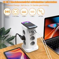HITRENDS 11 Schuko aljzatos USB-C tolto torony vezeteks nelkuli feltoltes 4 USB tulfeszultsegvedo 2 m kabel 230V 16A konyha iroda 2