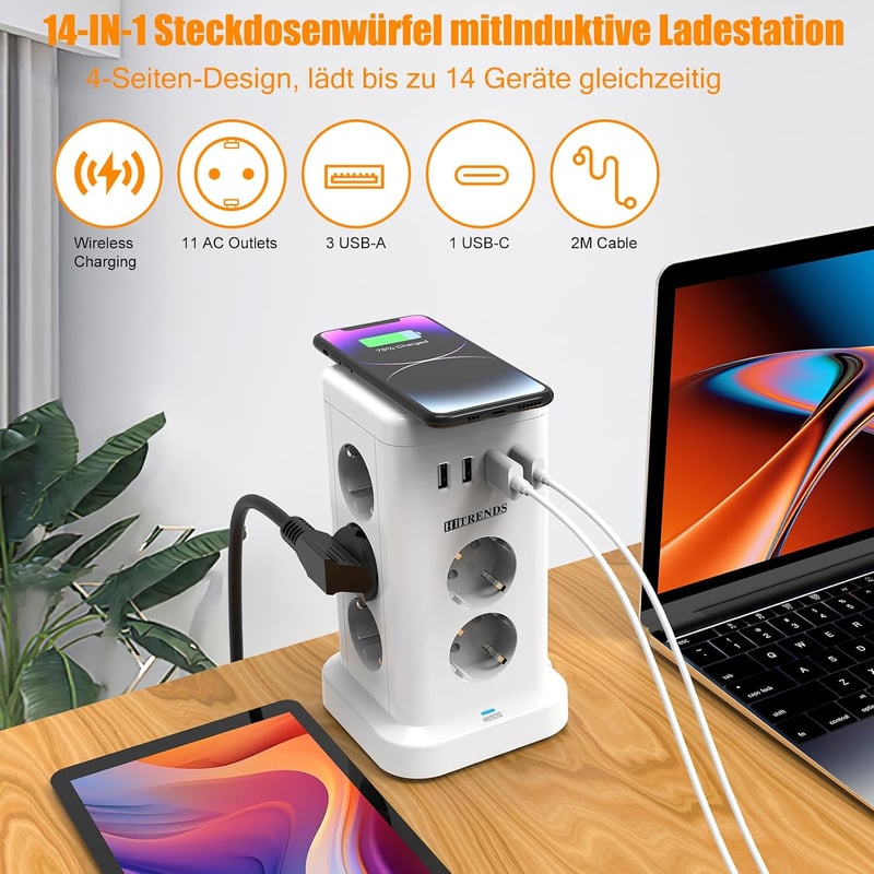 HITRENDS 11 Schuko aljzatos USB-C tolto torony vezeteks nelkuli feltoltes 4 USB tulfeszultsegvedo 2 m kabel 230V 16A konyha iroda