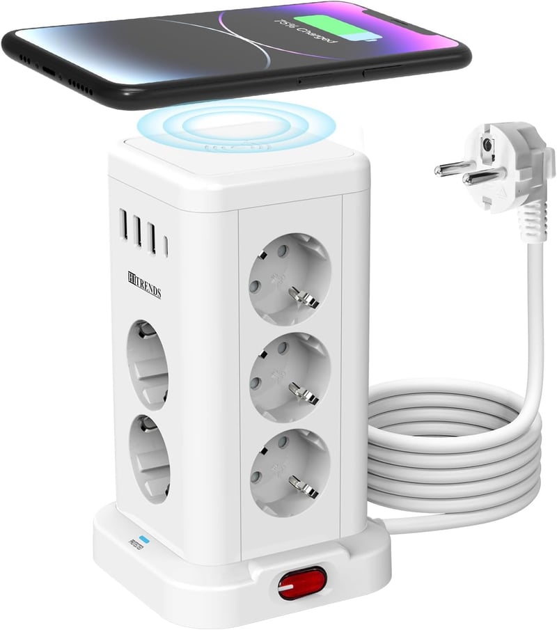 HITRENDS 11 Schuko aljzatos USB-C tolto torony vezeteks nelkuli feltoltes 4 USB tulfeszultsegvedo 2 m kabel 230V 16A konyha iroda