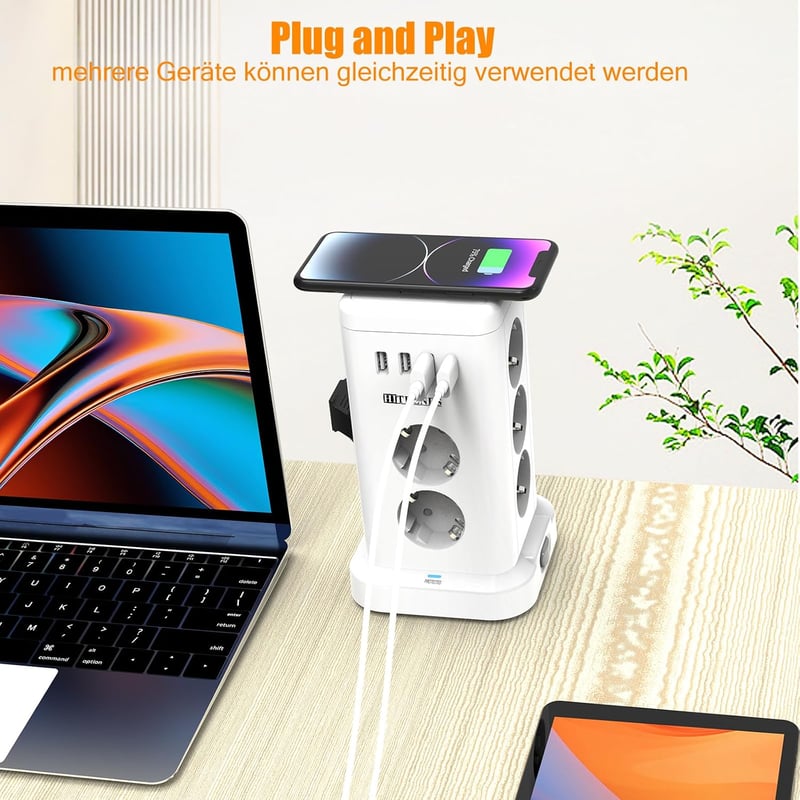 HITRENDS 11 Schuko aljzatos USB-C tolto torony vezeteks nelkuli feltoltes 4 USB tulfeszultsegvedo 2 m kabel 230V 16A konyha iroda