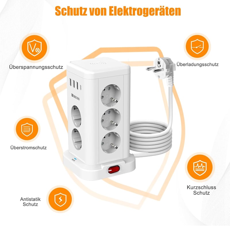 HITRENDS 11 Schuko aljzatos USB-C tolto torony vezeteks nelkuli feltoltes 4 USB tulfeszultsegvedo 2 m kabel 230V 16A konyha iroda