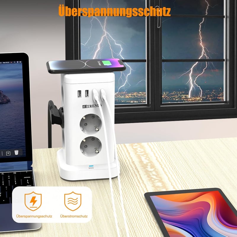 HITRENDS 11 Schuko aljzatos USB-C tolto torony vezeteks nelkuli feltoltes 4 USB tulfeszultsegvedo 2 m kabel 230V 16A konyha iroda