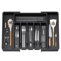 Organizator de tacâmuri extensibil HIYAA pentru sertarul din bucătărie, suport din plastic pentru linguri, furculițe și alte tacâmuri, negru 1