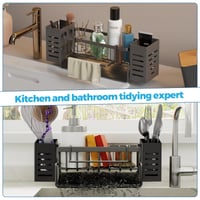 HIYAA Stojan na špongiu k drezu so samovypúšťacou táckou, držiakom na utierky a úložným boxom, organizér do kuchyne a kúpeľne, čierny, 24x12,5x14 5