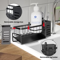 HIYAA Stojan na špongiu k drezu so samovypúšťacou táckou, držiakom na utierky a úložným boxom, organizér do kuchyne a kúpeľne, čierny, 24x12,5x14 3