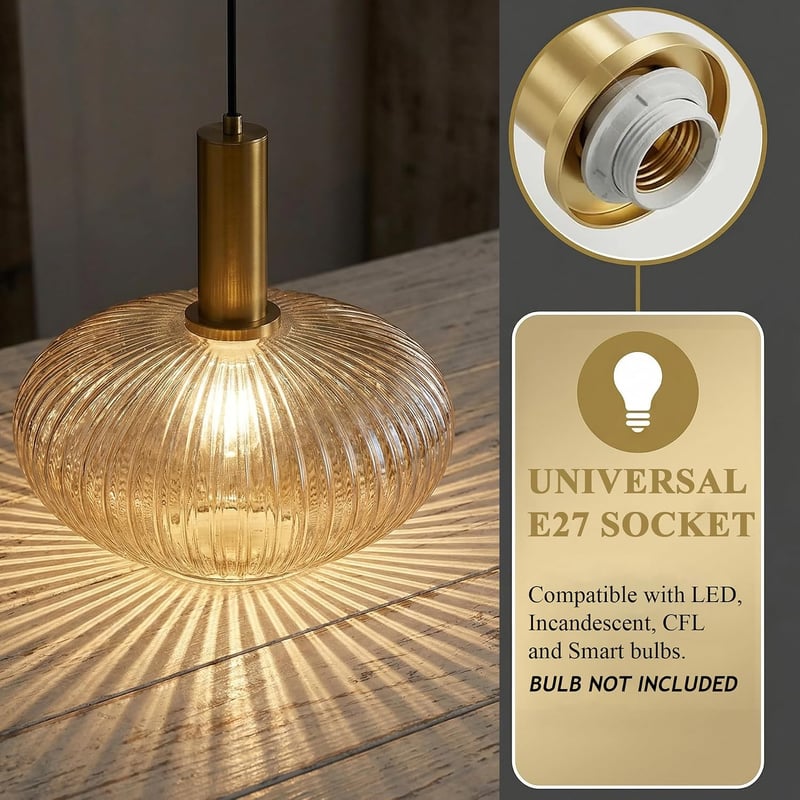 HJXDtech ipari vintage függesztett lámpa modern retro stílusú üveg búrával polírozott sárgaréz foglalattal