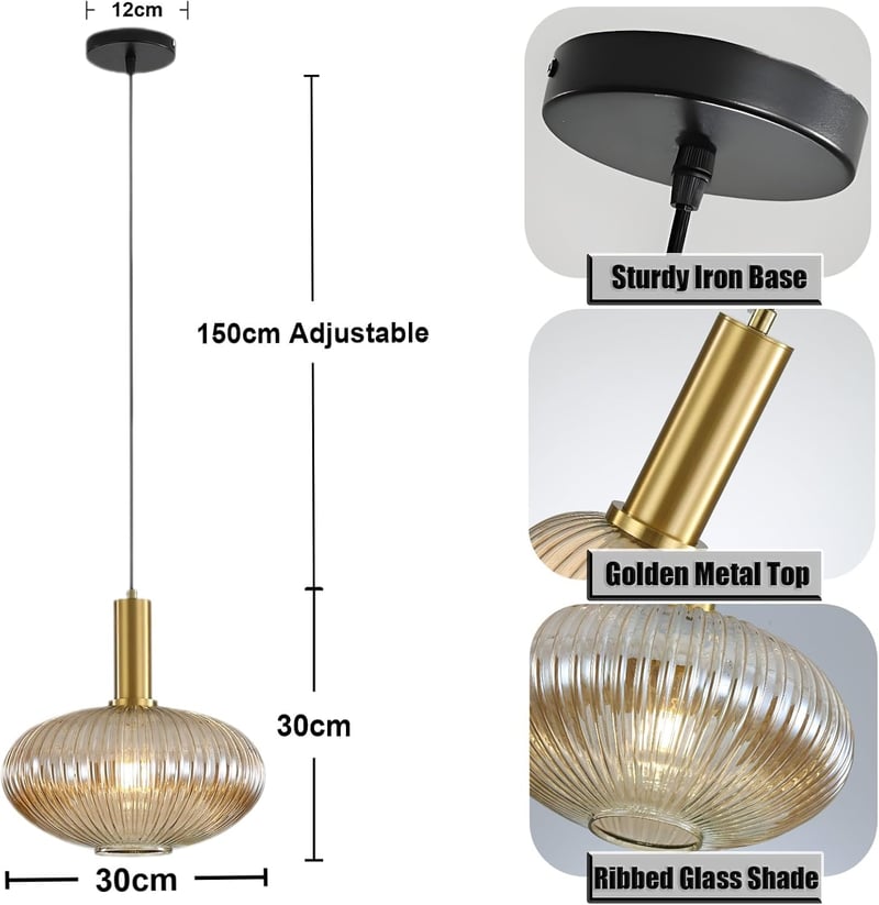 HJXDtech ipari vintage függesztett lámpa modern retro stílusú üveg búrával polírozott sárgaréz foglalattal