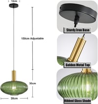 HJXDtech Ipari Vintage Függőlámpa - Modern Retro Üveg Mennyezeti Lámpa Zöld Színben, Polírozott Réz Foglalattal, Állítható Magasságú, 40W 2