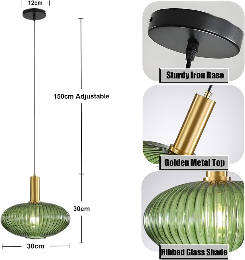 HJXDtech Ipari Vintage Függőlámpa - Modern Retro Üveg Mennyezeti Lámpa Zöld Színben, Polírozott Réz Foglalattal, Állítható Magasságú, 40W