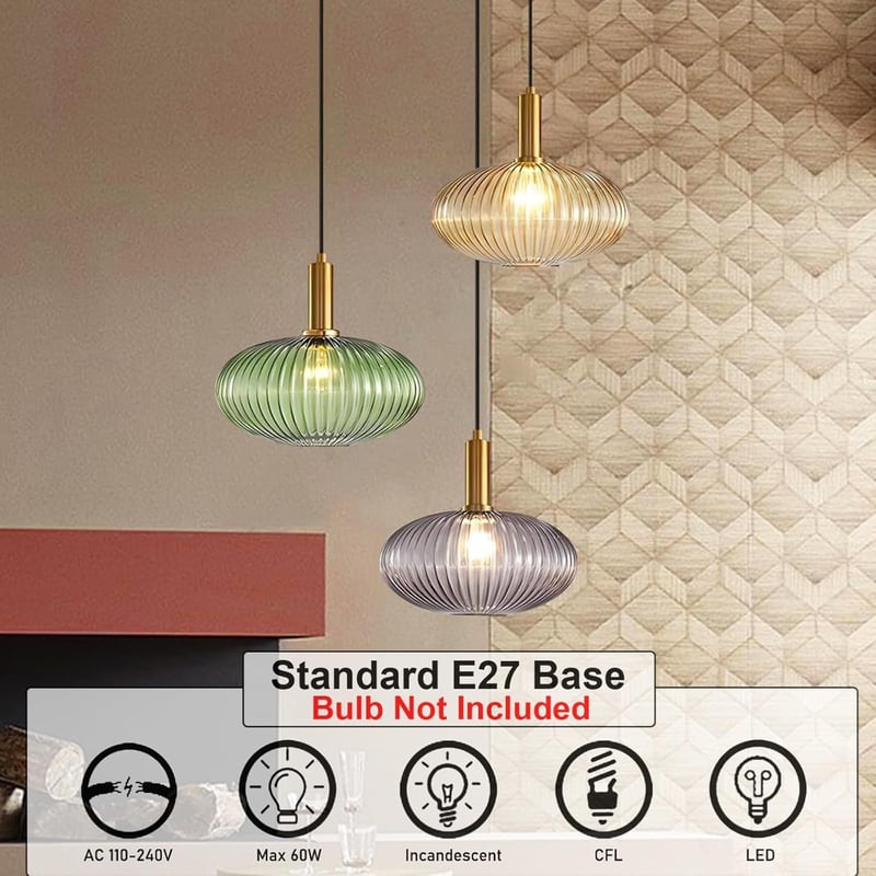 HJXDtech Ipari Vintage Függőlámpa - Modern Retro Üveg Mennyezeti Lámpa Zöld Színben, Polírozott Réz Foglalattal, Állítható Magasságú, 40W