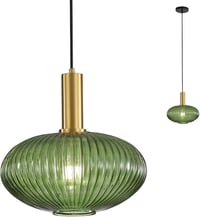 HJXDtech Ipari Vintage Függőlámpa - Modern Retro Üveg Mennyezeti Lámpa Zöld Színben, Polírozott Réz Foglalattal, Állítható Magasságú, 40W 1