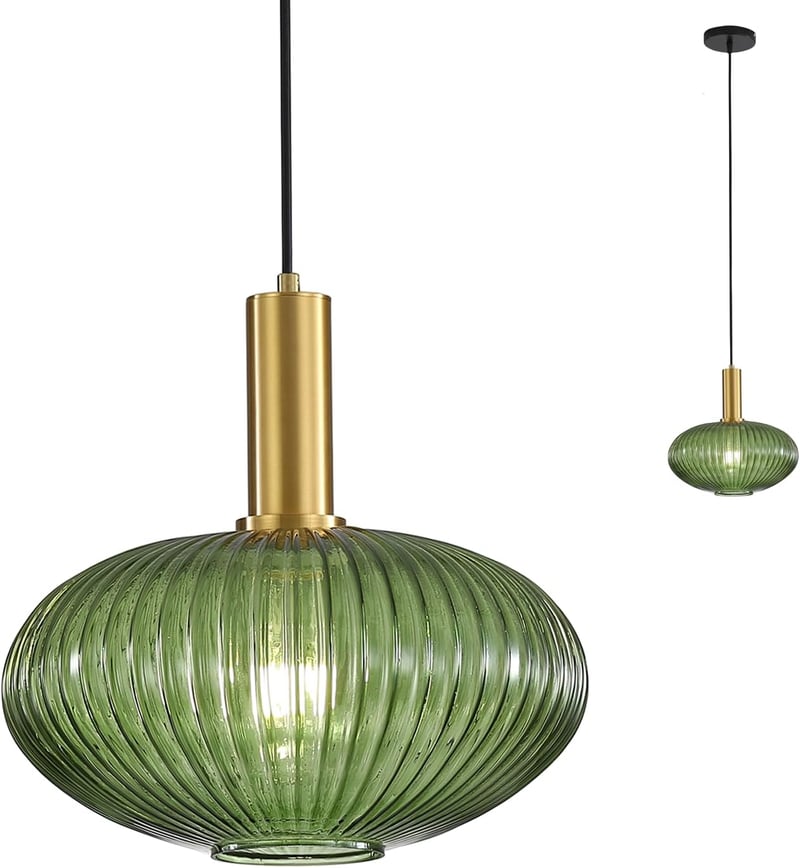 HJXDtech Ipari Vintage Függőlámpa - Modern Retro Üveg Mennyezeti Lámpa Zöld Színben, Polírozott Réz Foglalattal, Állítható Magasságú, 40W