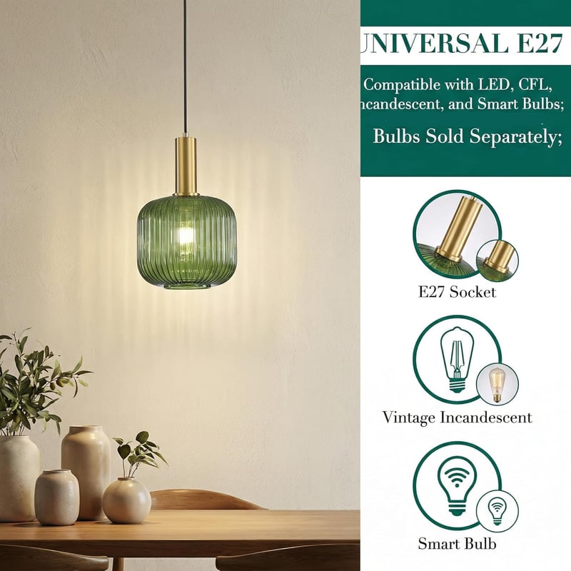 HJXDtech Vintage Függőlámpa Polírozott Sárgaréz Tartóval és Üveg Búrával - 20cm, Green