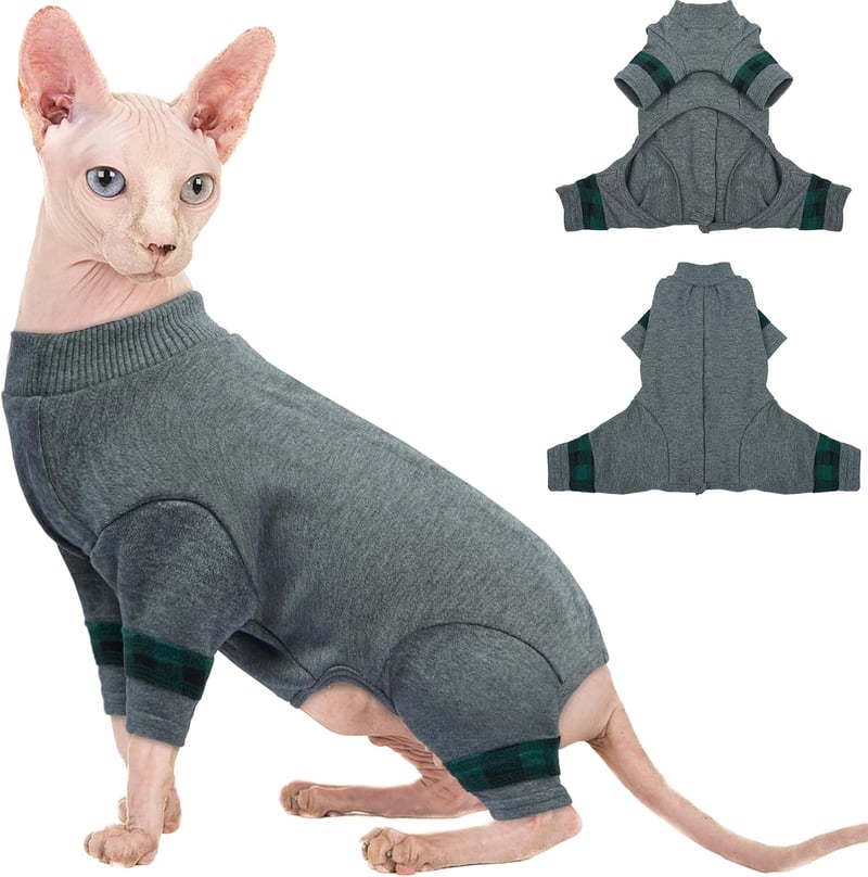 Pulover pentru pisici Sfinx Hjyokuso, costum salopetă cu patru picioare, moale și respirabil, gri, M