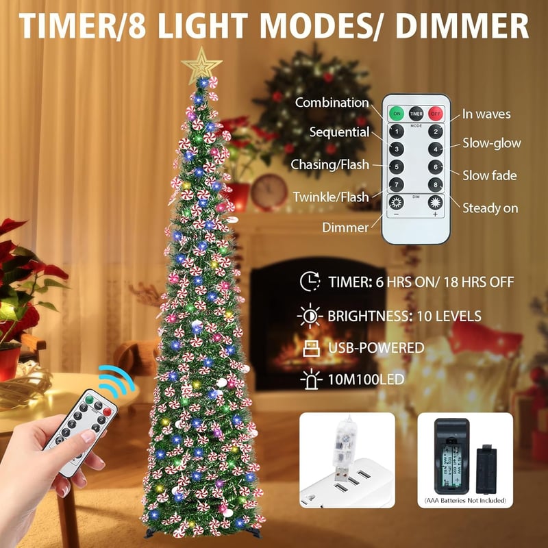 HMASYO 180 cm Fenyő Karácsonyfa Időzítővel, 100 LED Világítással, Távirányítóval, USB Üzemeltetésű