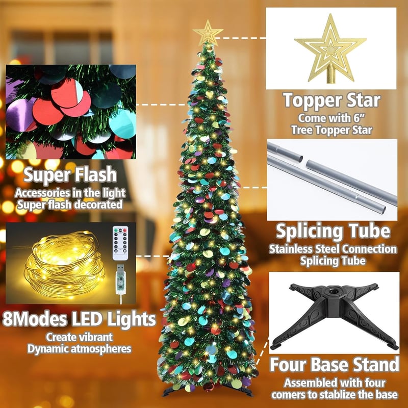 HMASYO 180 cm Fenyő Karácsonyfa Időzítővel, 100 LED Világítással, Távirányítóval, USB Üzemeltetésű