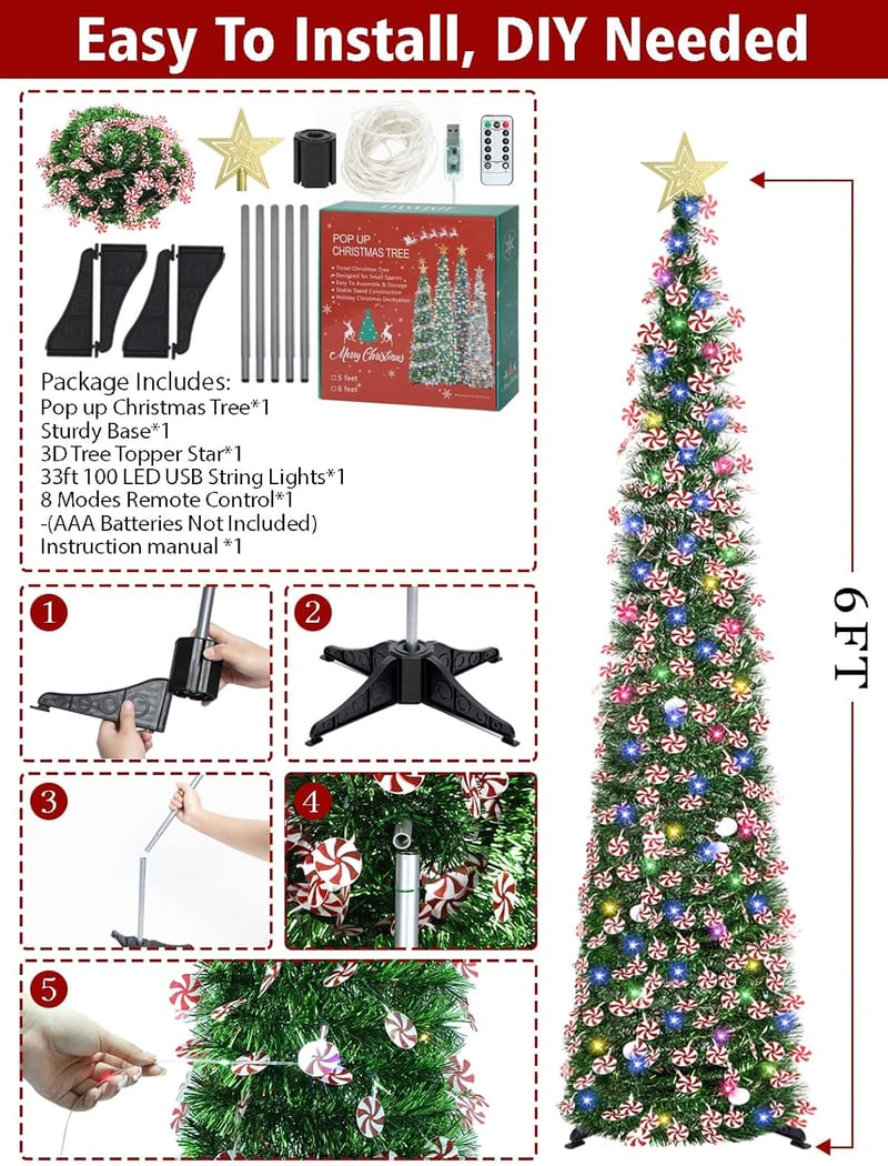 HMASYO 180 cm Fenyő Karácsonyfa Időzítővel, 100 LED Világítással, Távirányítóval, USB Üzemeltetésű