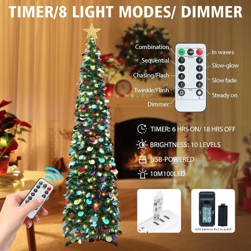 HMASYO 180 cm Fenyő Karácsonyfa Időzítővel, 100 LED Világítással, Távirányítóval, USB Üzemeltetésű