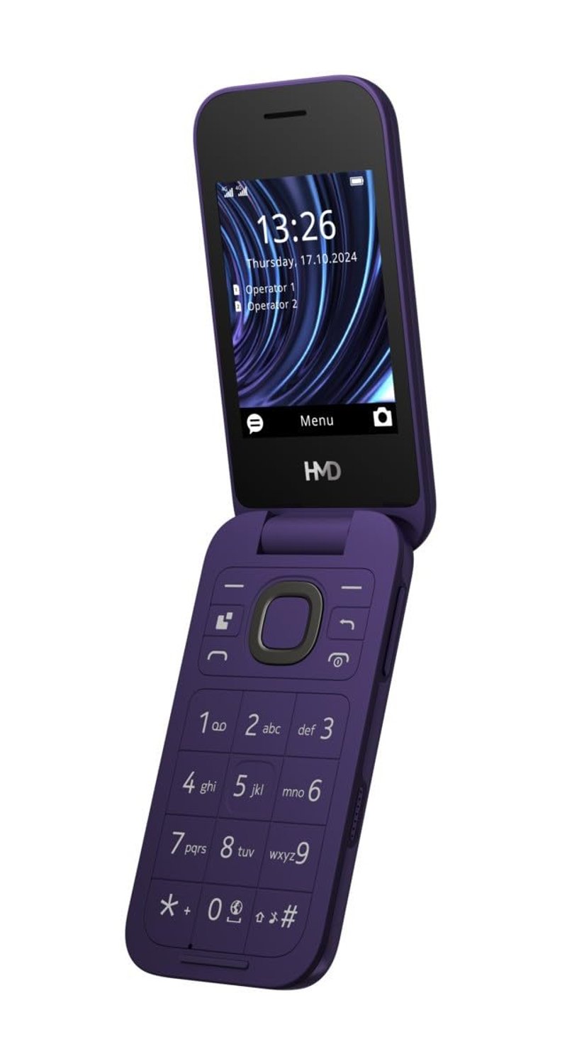 Mobilný telefón HMD 2660 Flip, vyklápací, neblokovaný – fialový, 4G+4G, 2,8" displej, Bluetooth, 128 MB, batéria 1450 mAh, FM rádio, MP3