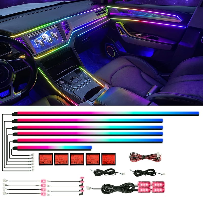 HMYC 18 az 1-ben RGB LED Autó Belső Világítás - 128 Színű Akril Száloptikás Csíkok, Zene Szinkronizációval, Applikáció Vezérléssel, Univerzá