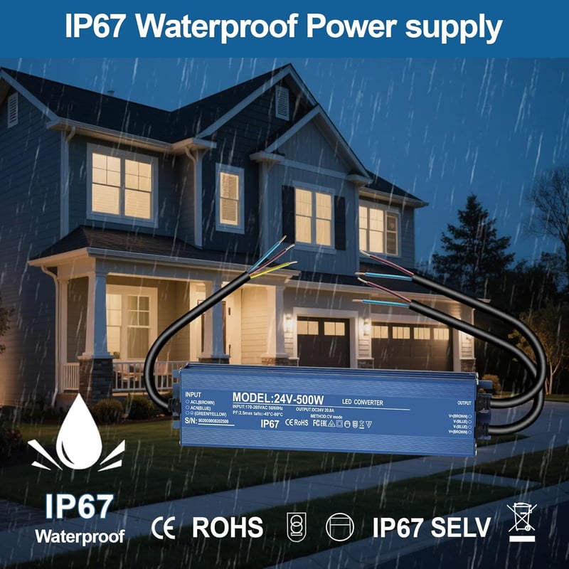 HNCY LED Transzformátor 24V 500W IP67 Vízálló Tápegység MR16 G4 GU5.3