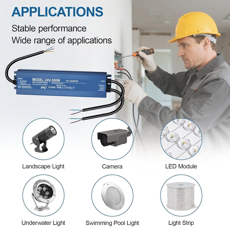 HNCY LED Transzformátor 24V 500W IP67 Vízálló Tápegység MR16 G4 GU5.3