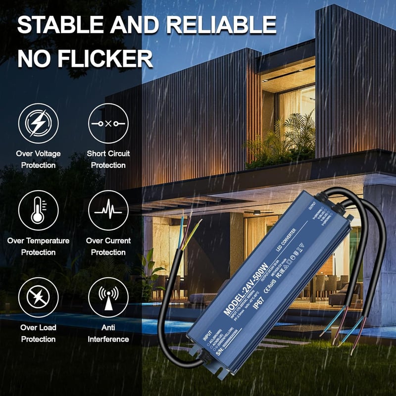 HNCY LED Transzformátor 24V 500W IP67 Vízálló Tápegység MR16 G4 GU5.3
