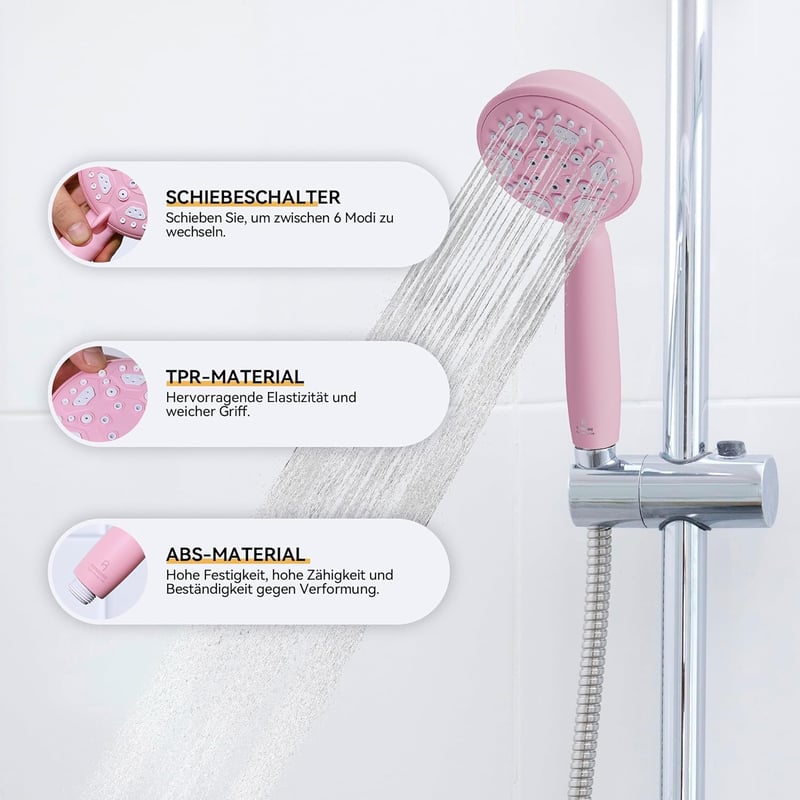 HNNHOME HydroPulse Kézi Zuhanyfej 6 Különböző Vízsugár Móddal, Nagy Nyomású, Univerzális Csatlakozás, Modern Rózsaszín Dizájn, 100mm