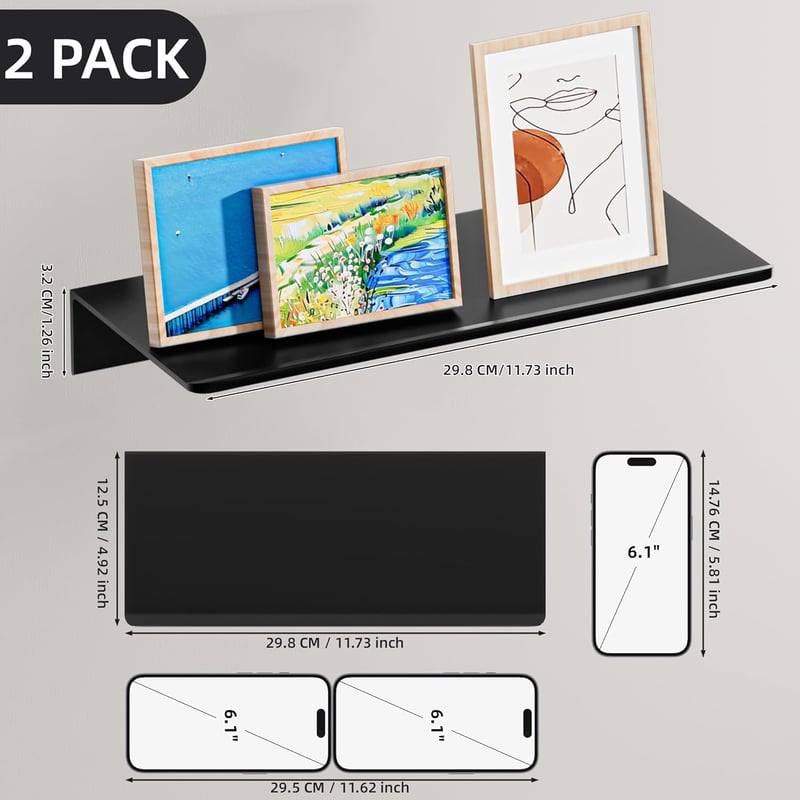 HNVNER Fali Polc 30 cm Fekete Fém 2 db Fürdőszoba Nappali Hálószoba