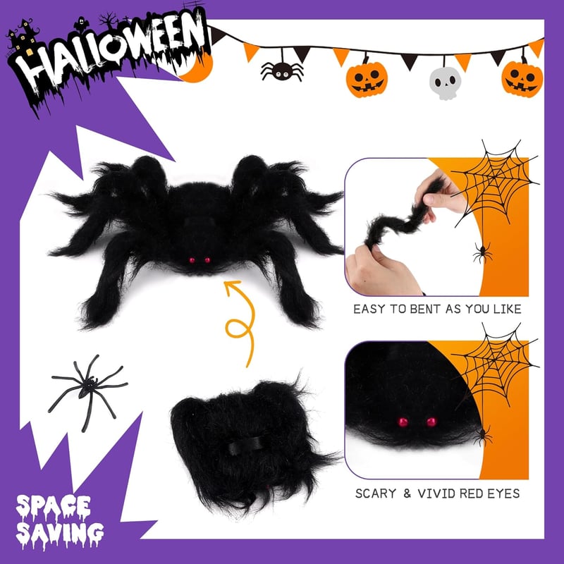 Set de decor Halloween HO-SFSM, 3 Păianjeni Păroși + 20 Păianjeni Mici