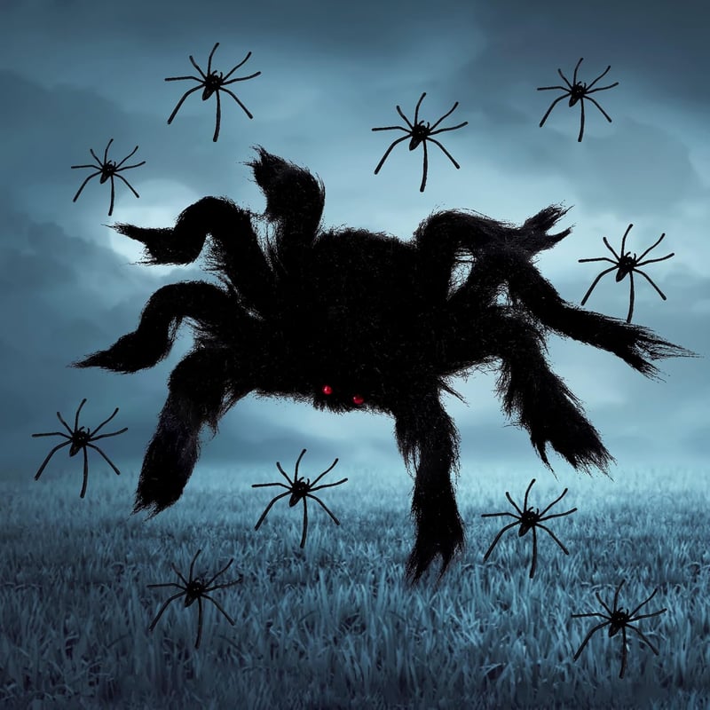 Set de decor Halloween HO-SFSM, 3 Păianjeni Păroși + 20 Păianjeni Mici