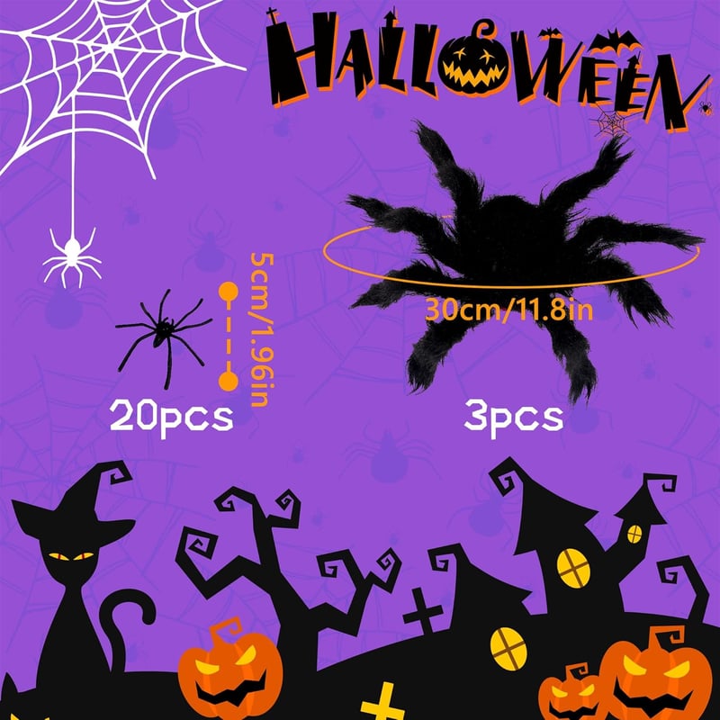 Set de decor Halloween HO-SFSM, 3 Păianjeni Păroși + 20 Păianjeni Mici
