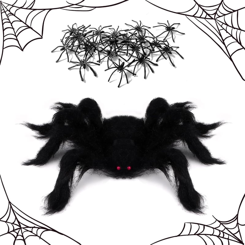 Set de decor Halloween HO-SFSM, 3 Păianjeni Păroși + 20 Păianjeni Mici