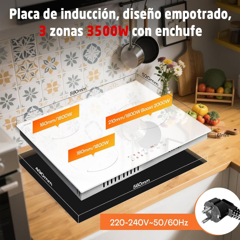 Hobsir 3 zónás beépíthető indukciós főzőlap 60 cm, 3500 W, érintésvezérlés, 9 fokozat