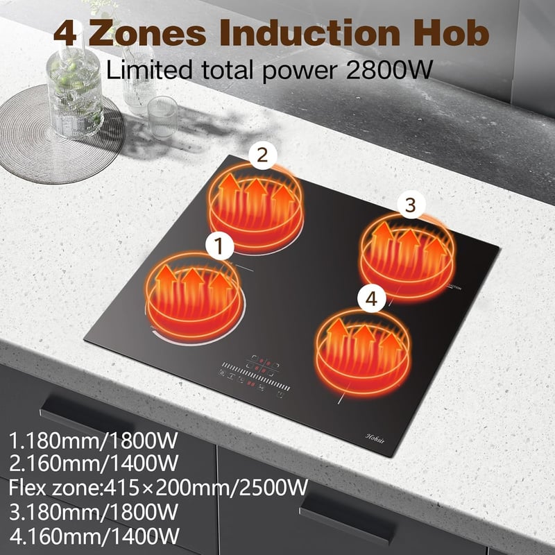 Hobsir 60 cm beépíthető indukciós főzőlap 4 zónás 3500W flexzóna érintésvezérlés - 60 CM 4 Platten 43506