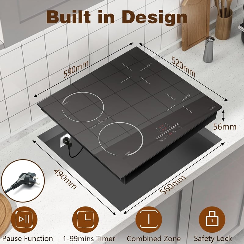 Hobsir 60 cm beépíthető indukciós főzőlap 4 zónás 3500W flexzóna érintésvezérlés - 60 CM 4 Platten 43506