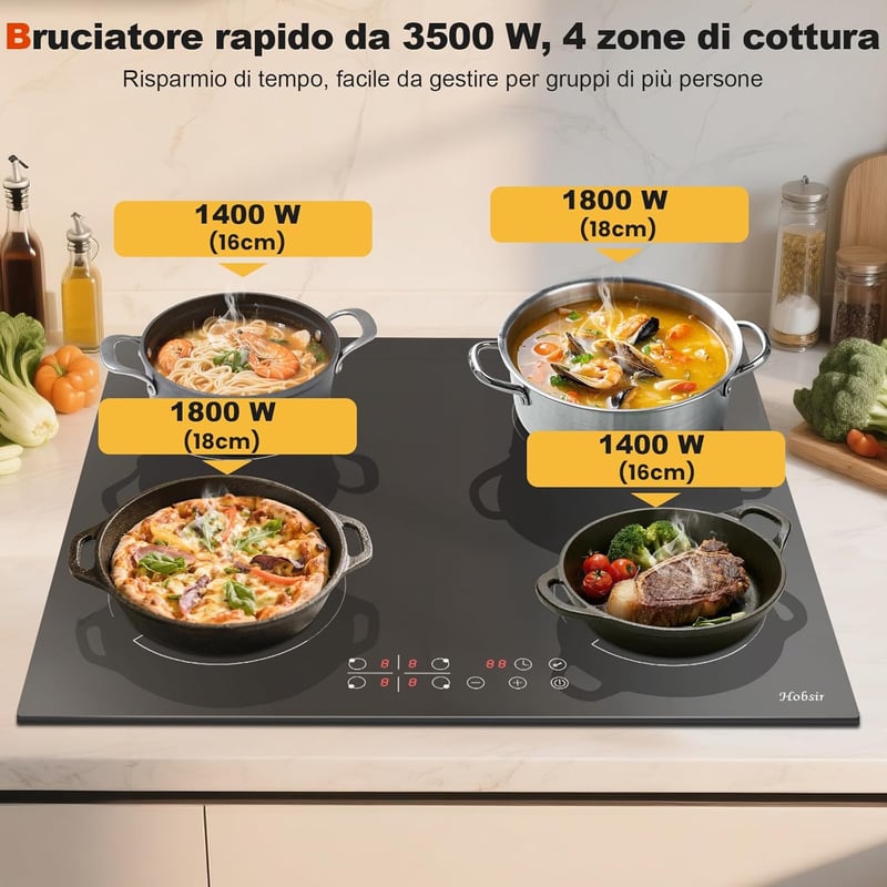 Hobsir 60 cm-es indukciós főzőlap 4 égővel, 3500W teljesítmény, 9 fokozatú érintőgombos vezérlés, időzítő és gyerekzár funkcióval