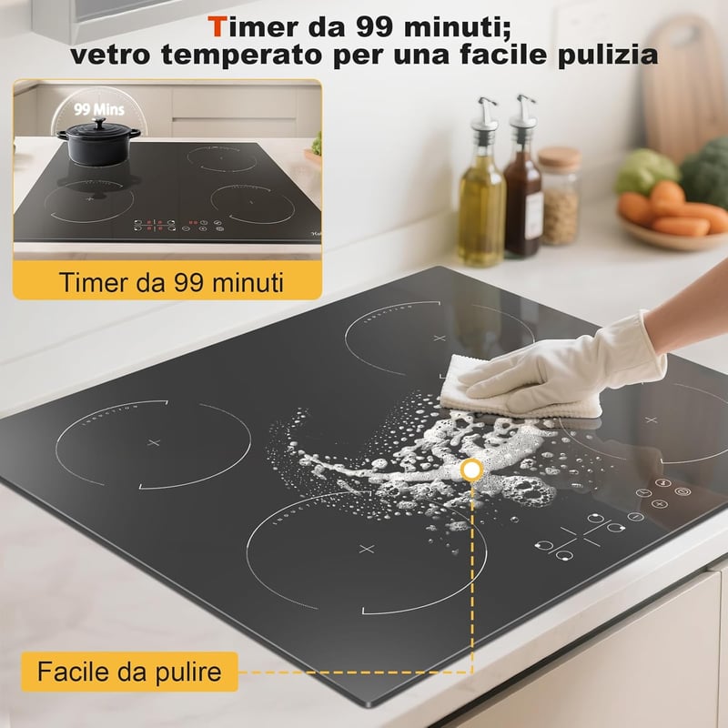 Hobsir 60 cm-es indukciós főzőlap 4 égővel, 3500W teljesítmény, 9 fokozatú érintőgombos vezérlés, időzítő és gyerekzár funkcióval