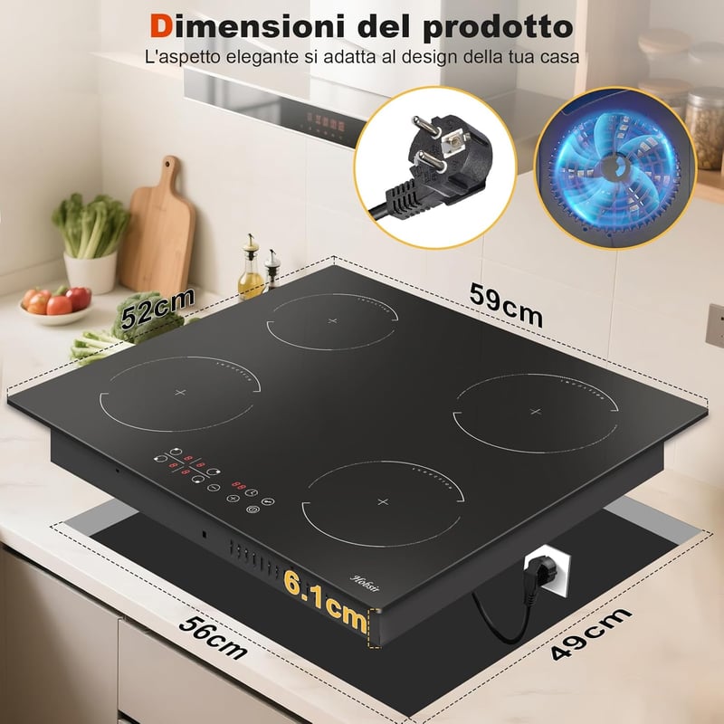 Hobsir 60 cm-es indukciós főzőlap 4 égővel, 3500W teljesítmény, 9 fokozatú érintőgombos vezérlés, időzítő és gyerekzár funkcióval