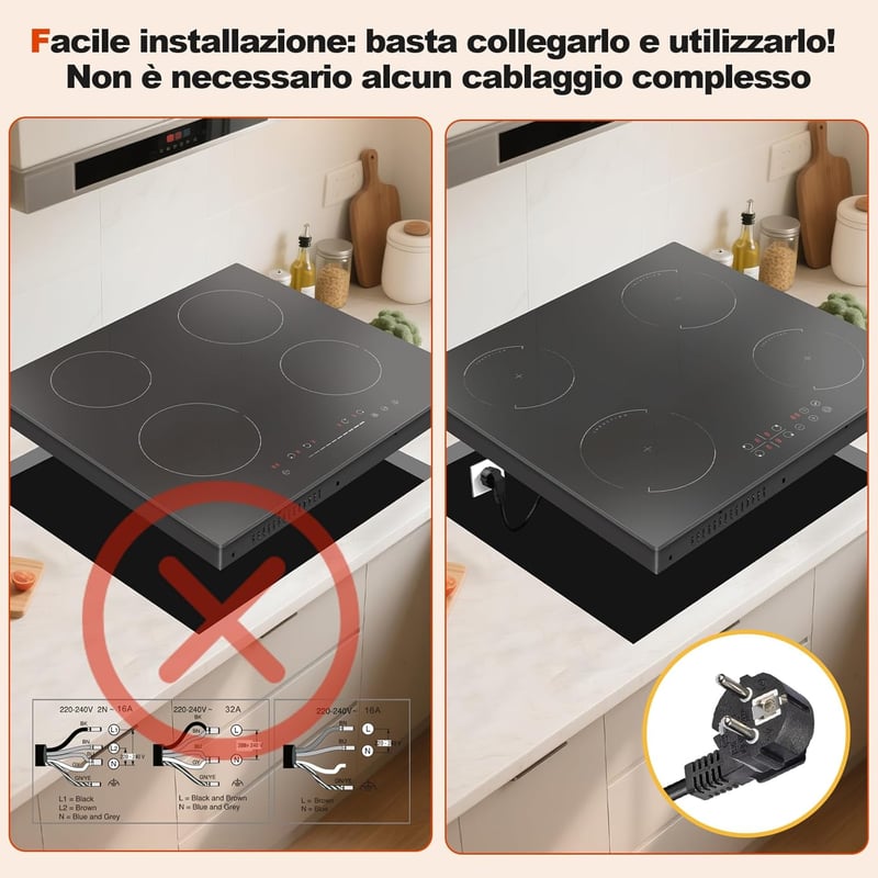 Hobsir 60 cm-es indukciós főzőlap 4 égővel, 3500W teljesítmény, 9 fokozatú érintőgombos vezérlés, időzítő és gyerekzár funkcióval
