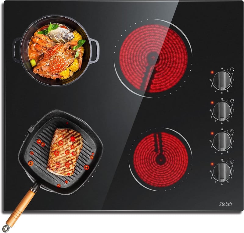 Hobsir 60 cm-es Üvegkerámia Főzőlap 4 Zónával - 9 Fokozatú Gombos Vezérlés, 6000W, Túlmelegedés Elleni Védelemmel, Fekete