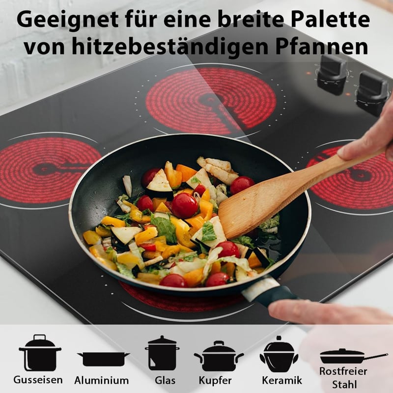 Hobsir 60 cm-es Üvegkerámia Főzőlap 4 Zónával - 9 Fokozatú Gombos Vezérlés, 6000W, Túlmelegedés Elleni Védelemmel, Fekete