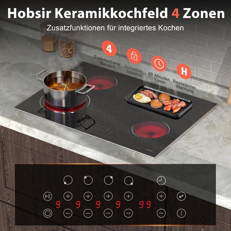 Hobsir 77 cm-es üvegkerámia főzőlap 4 égővel, érintésvezérlés, 6600W