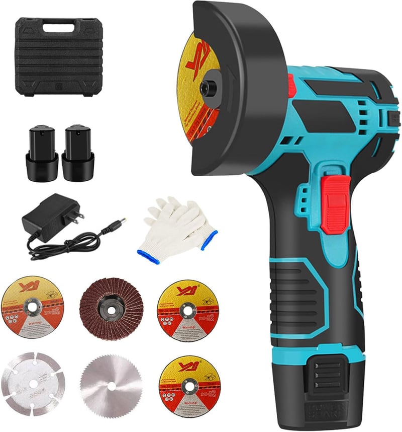 Hocomay Mini Akkumulátoros Sarokcsiszoló 12V Kefe Nélküli Motor 2 Akkuval Kesztyűvel 6 Vágótárcsa 78mm 19500 RPM Kék